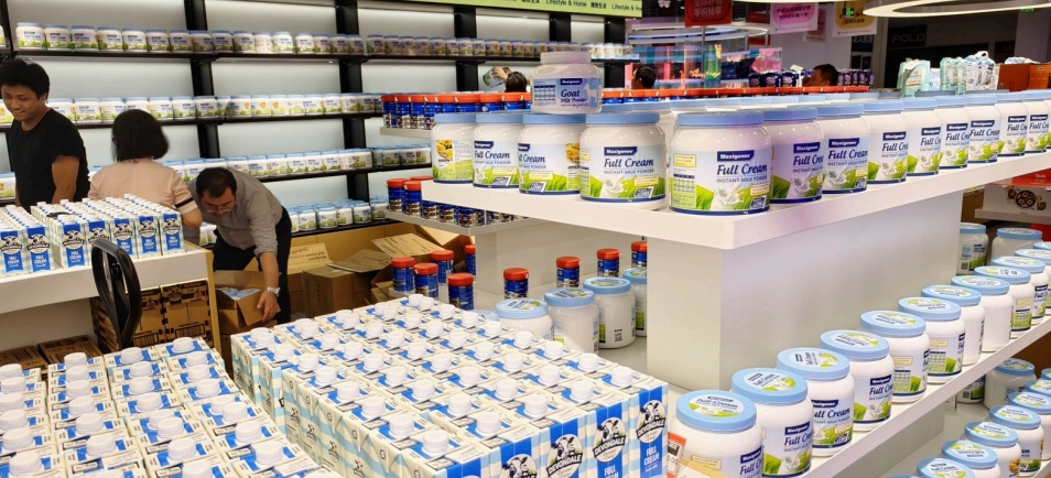 Imported dairy products displayed in an Asian retail channel