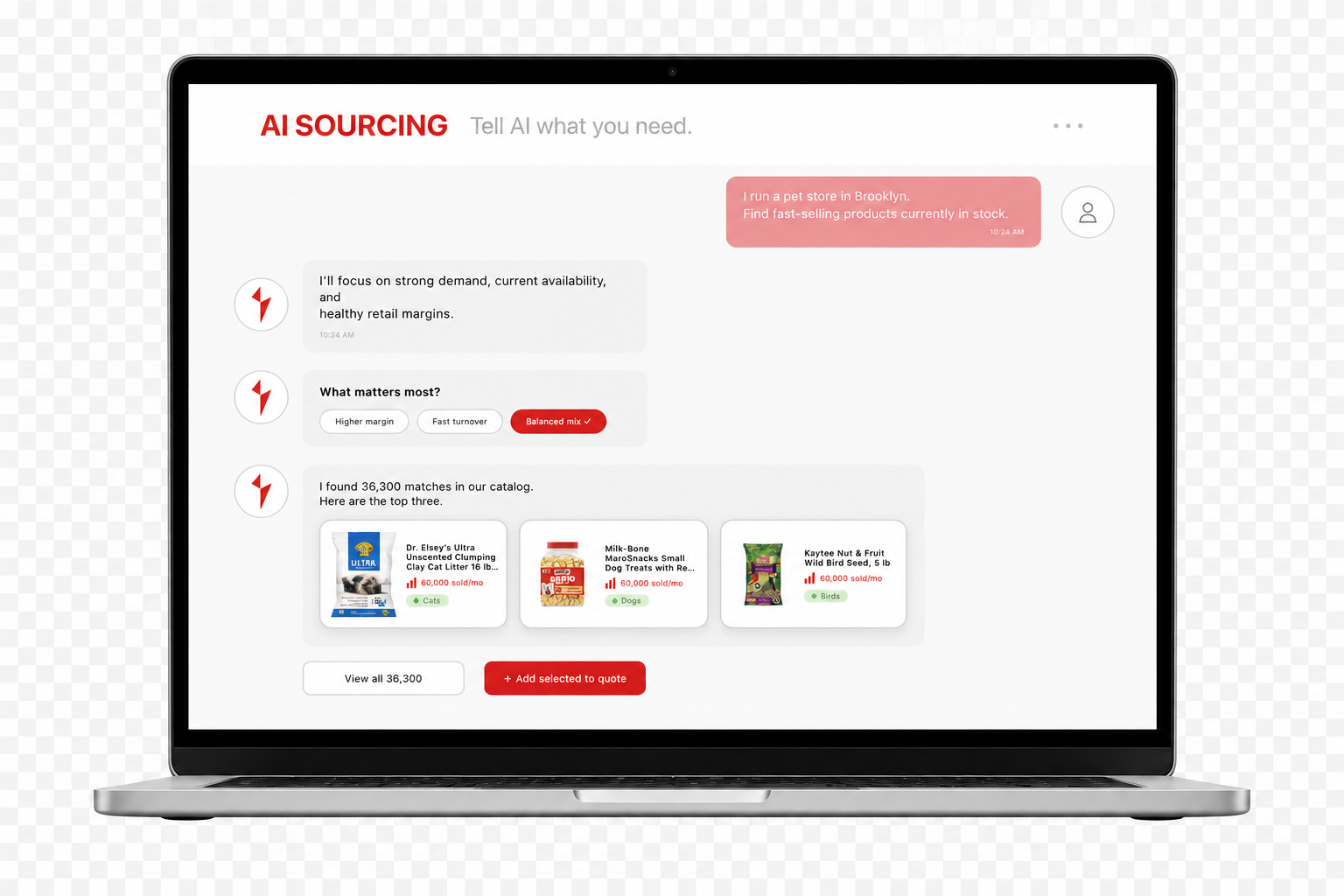 AI sourcing conversation and product recommendations displayed on a laptop